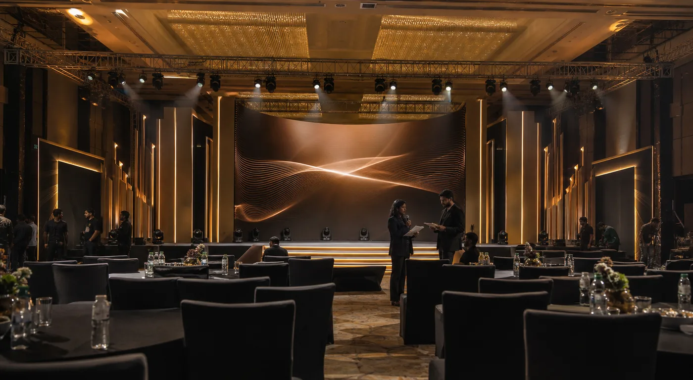 Workplace gathering stage and seating prepared for guests