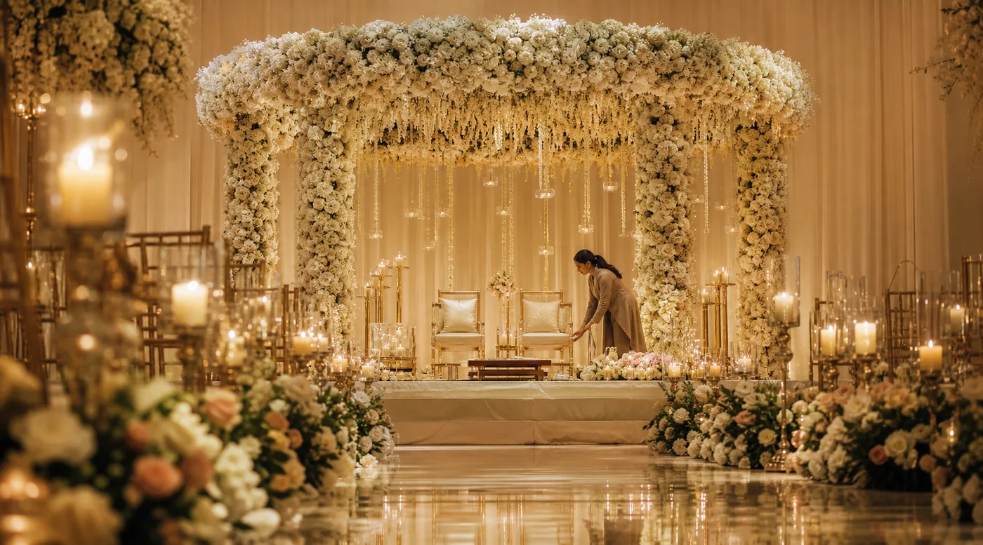 Ivory and gold wedding ceremony setting